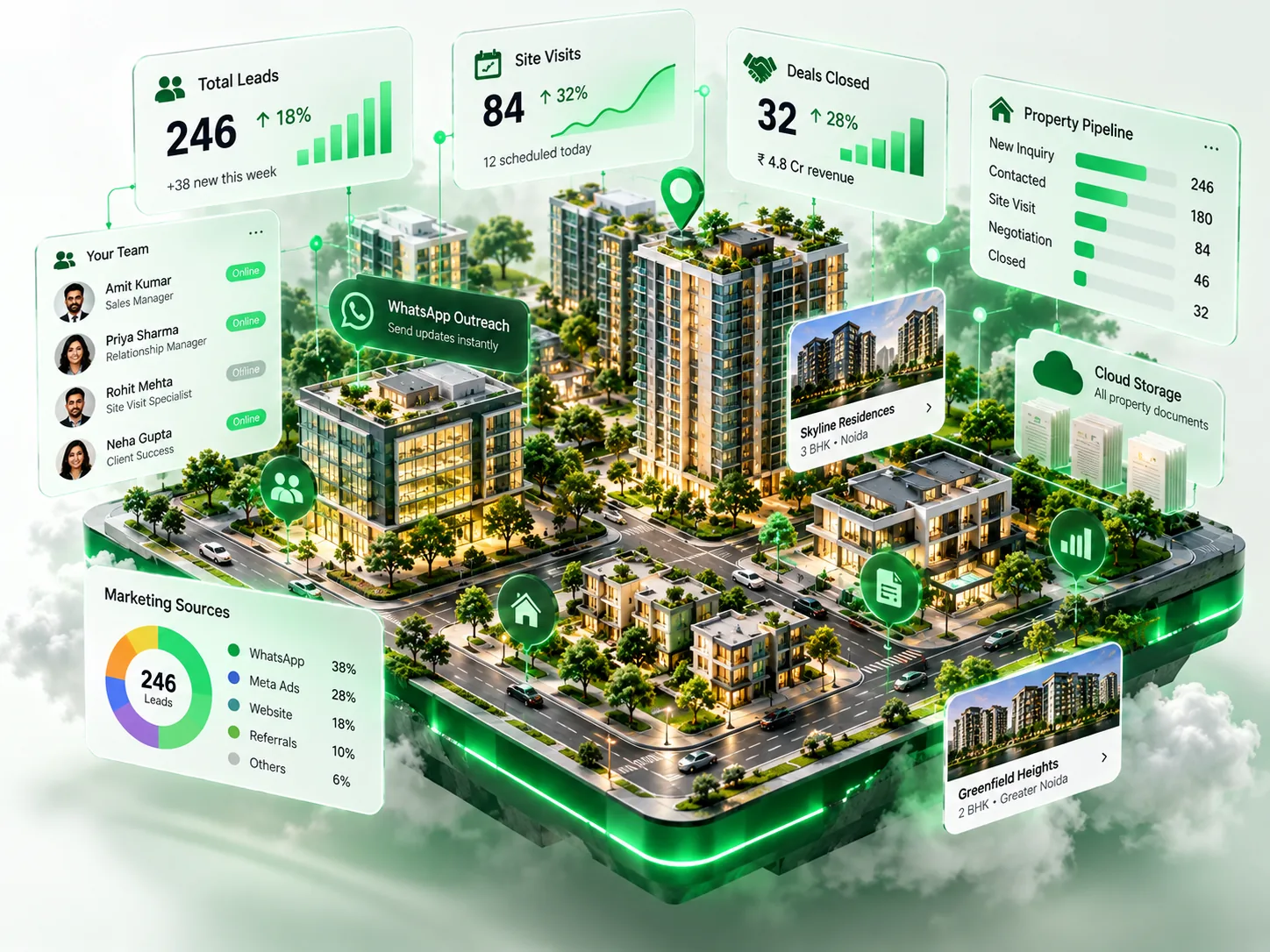 Sahyak Real Estate modular CRM pricing scale for users, leads, and connected portals