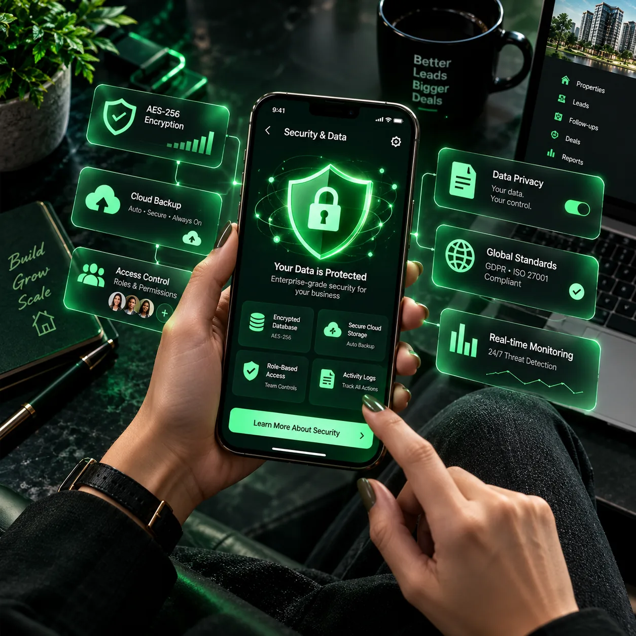 Real estate broker securely accessing customer CRM records on smartphone